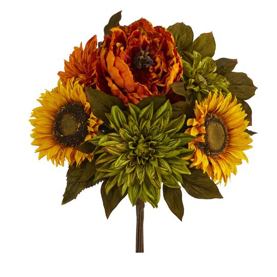 16" Orange Peony, Green Dahlia & Yellow Sunflower Bush, 2ct.